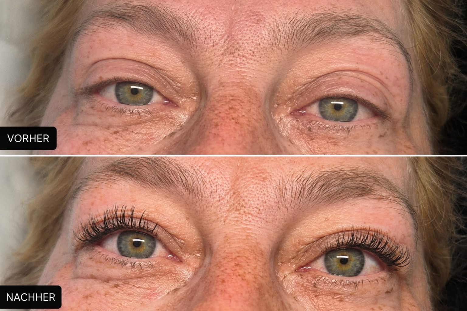Vorher-Nachher-Vergleich einer Wimpernbehandlung